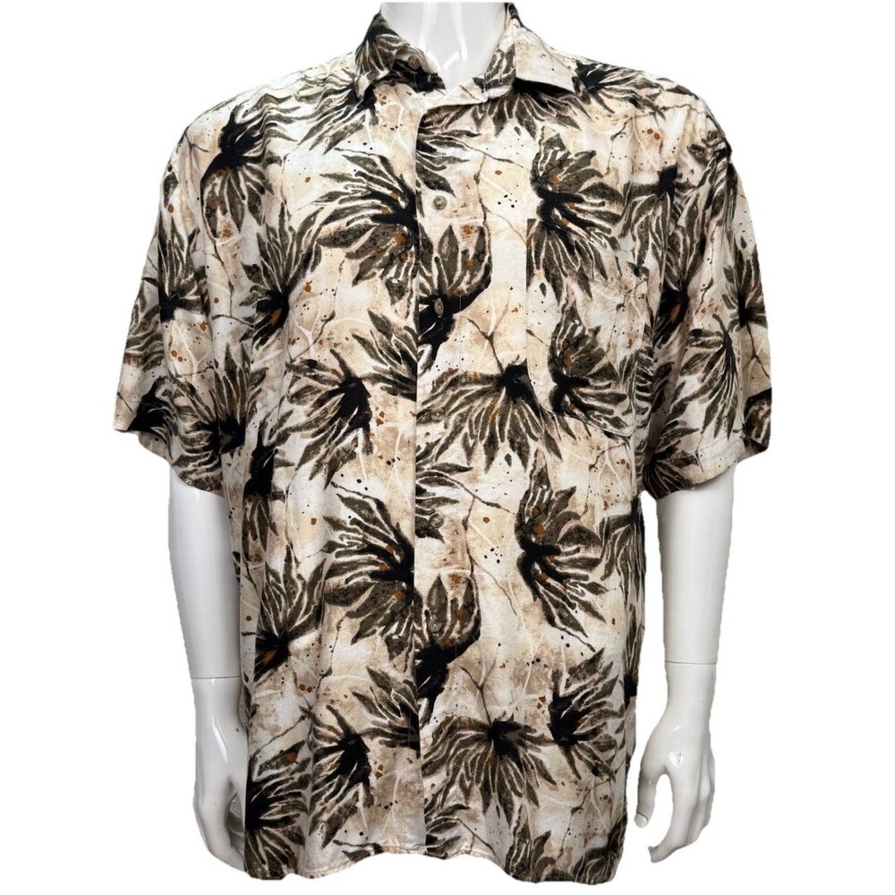 Vintage Hawaiian JF Shirt Large J Ferrar Tropical Beige Aloha Resort Cruise Wear